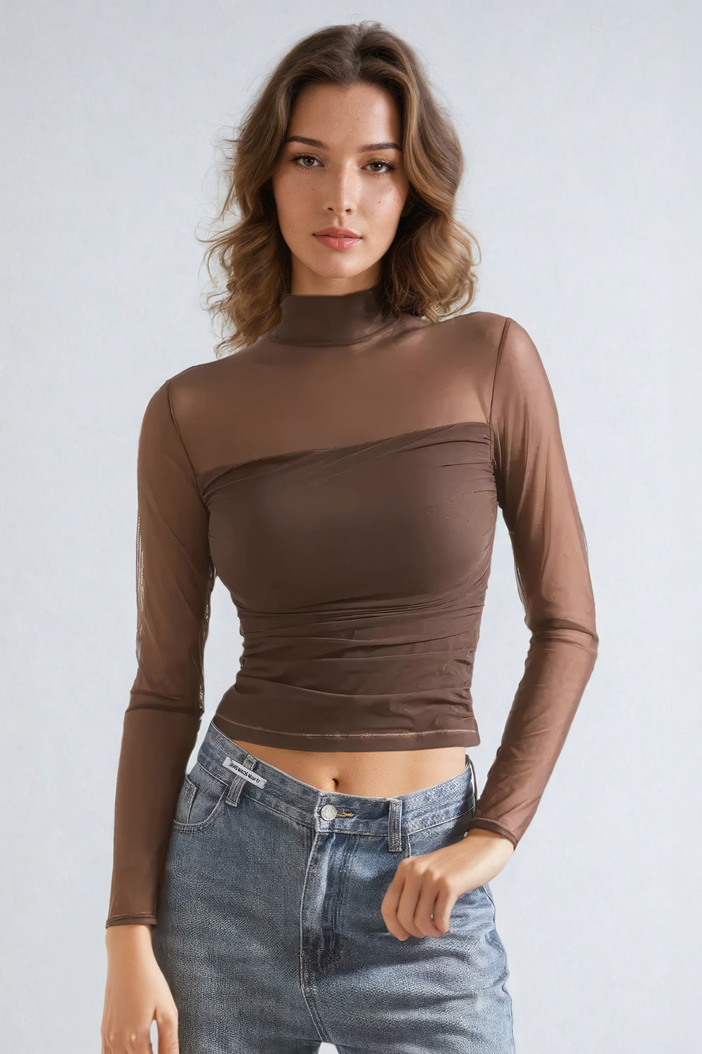 Long-Sleeve High Neck Mesh Top - Brown