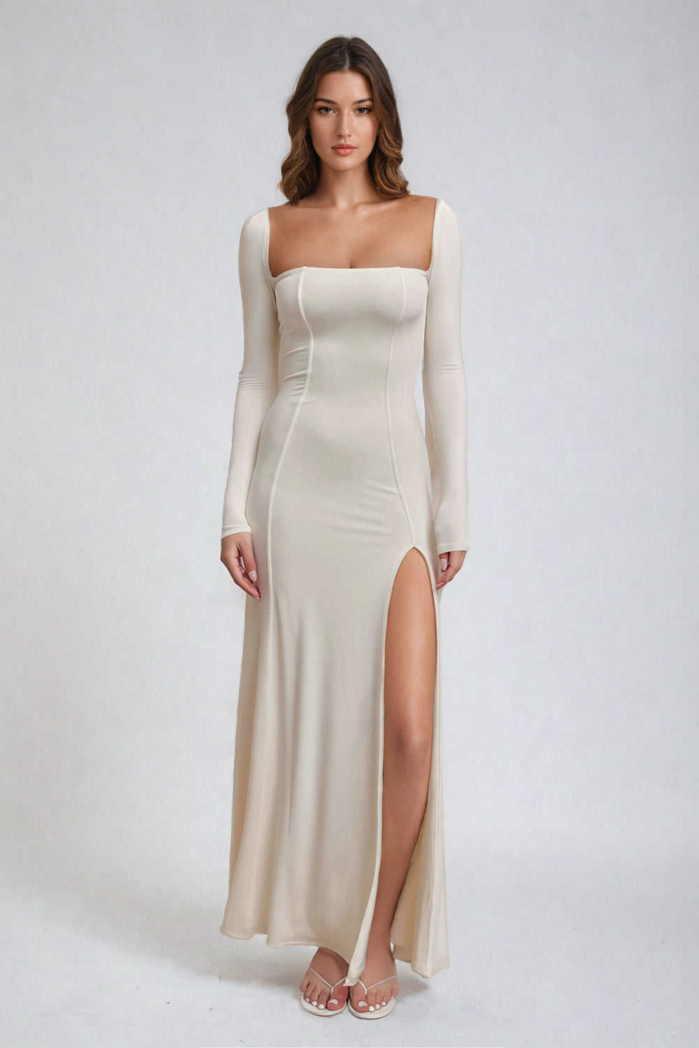 Square Neck Long-Sleeve Maxi Dress with Thigh-High Slit - White