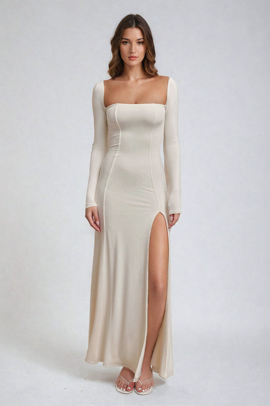 Square Neck Long-Sleeve Maxi Dress with Thigh-High Slit - White