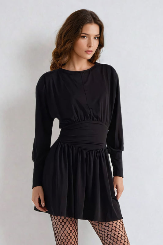 Long Sleeve Ruched Waist Mini Dress - Black