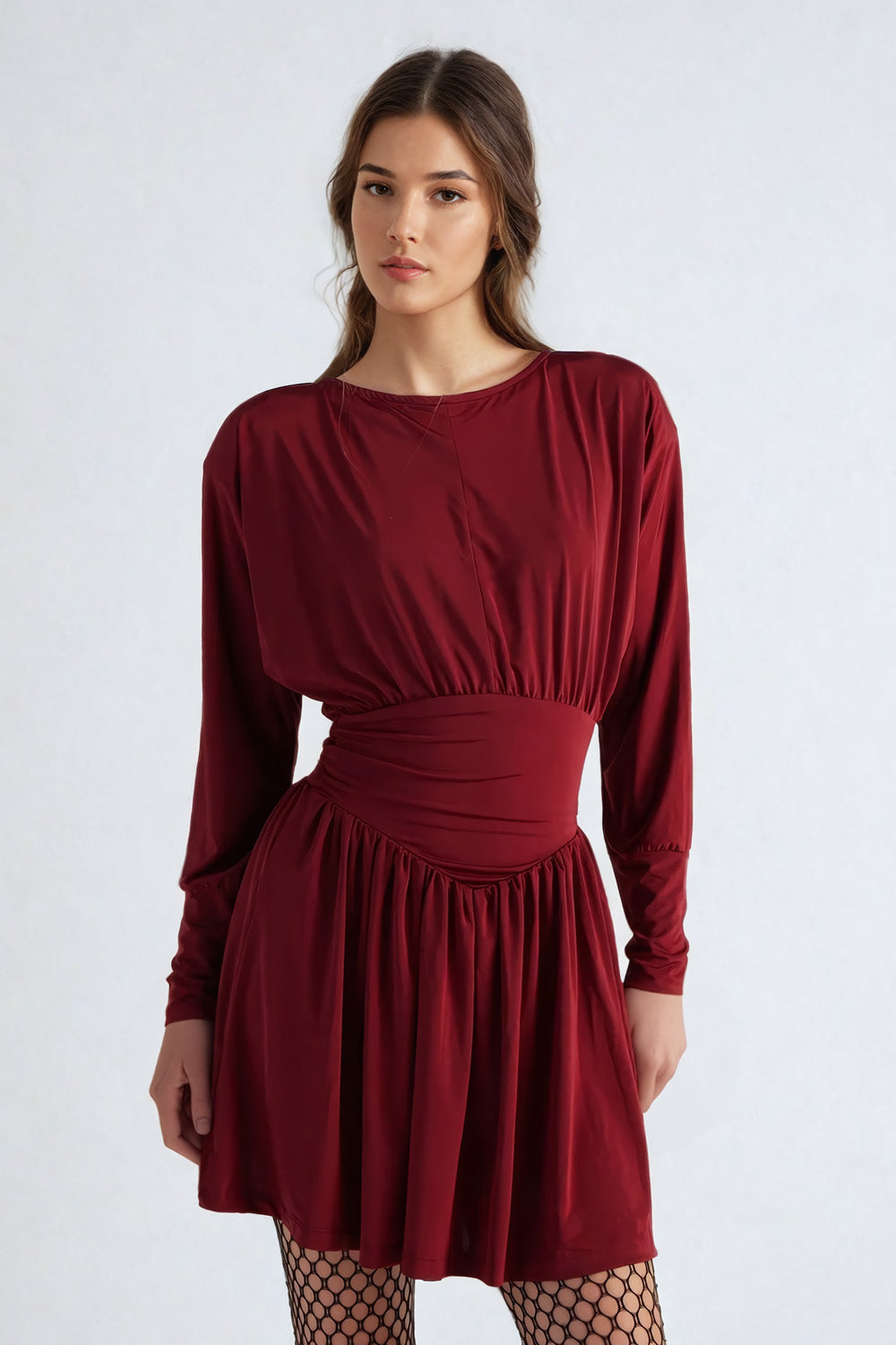 Long Sleeve Ruched Waist Mini Dress - Red