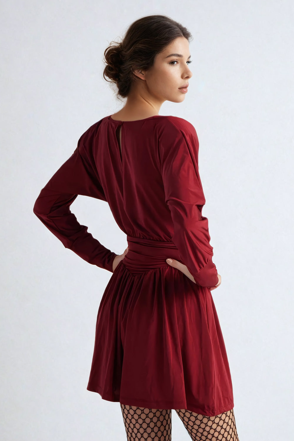 Long Sleeve Ruched Waist Mini Dress - Red