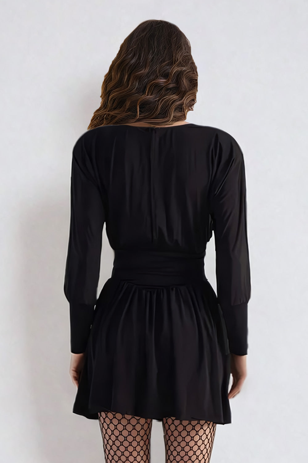 Long Sleeve Ruched Waist Mini Dress - Black