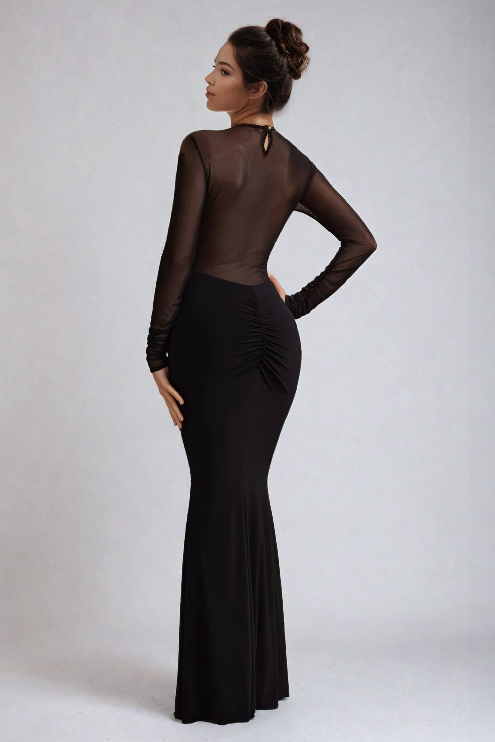 Mesh Maxi Dress with Long Sleeves and Ruched Back - Black