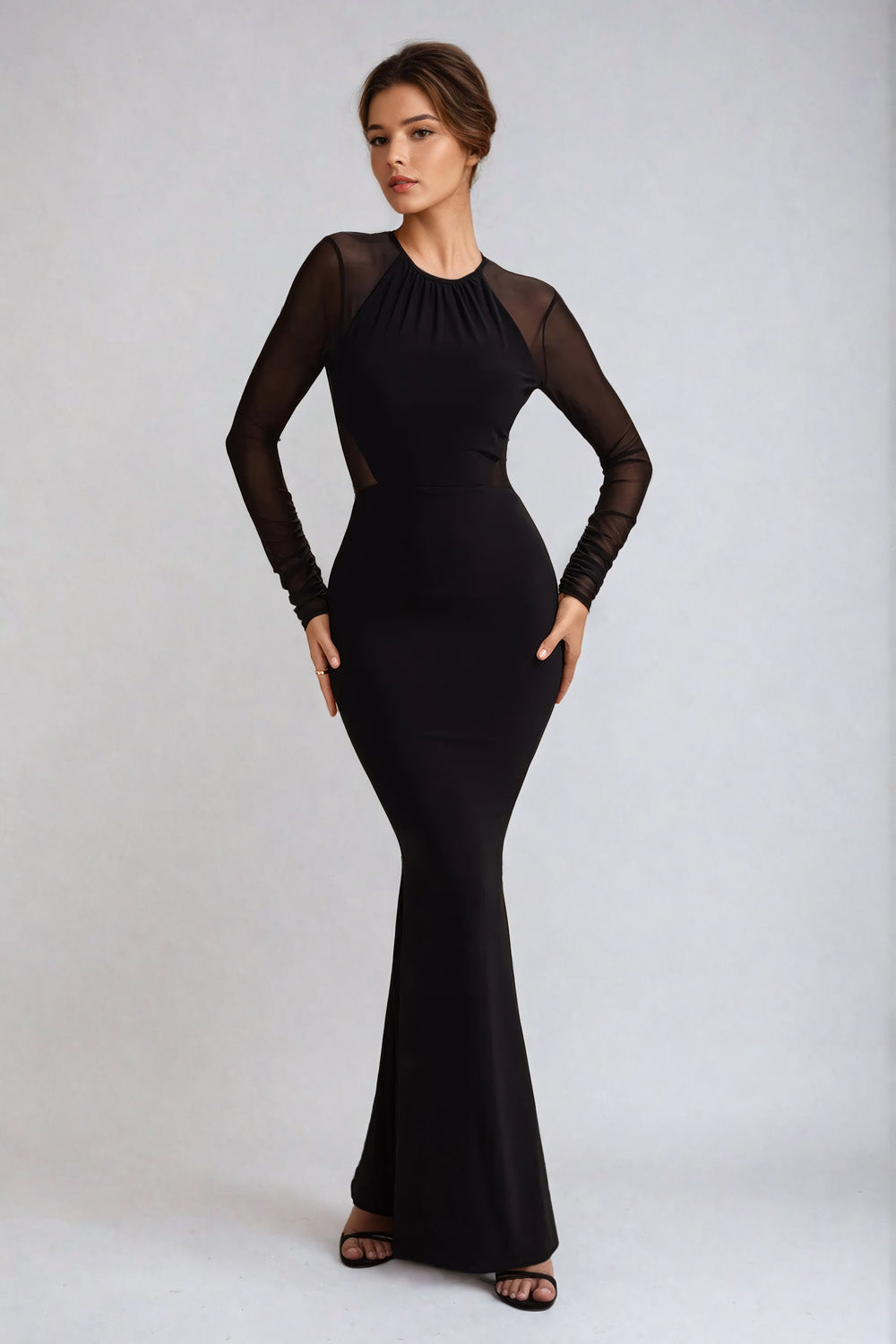 Mesh Maxi Dress with Long Sleeves and Ruched Back - Black