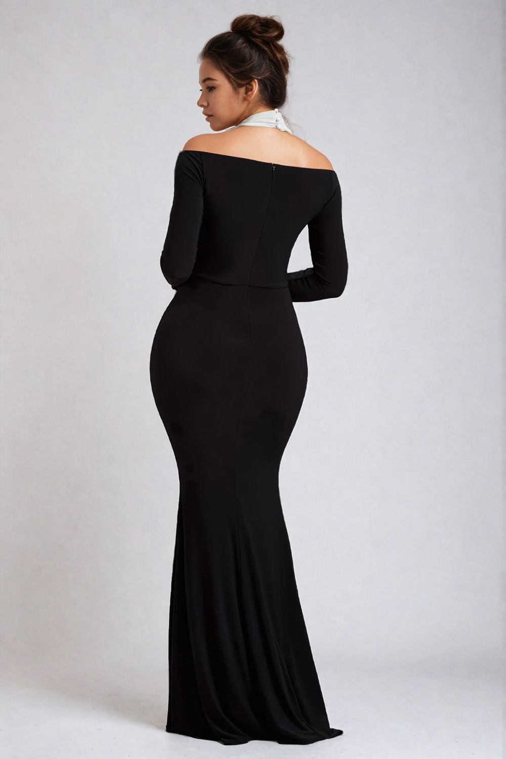 Off-Shoulder Maxi Dress with Halter Accent - Black