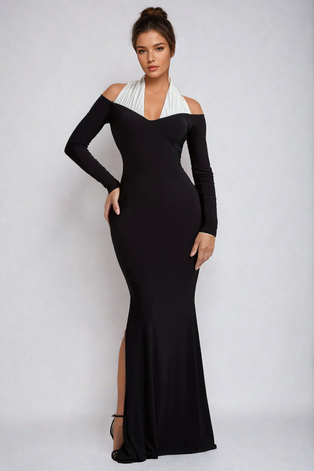 Off-Shoulder Maxi Dress with Halter Accent - Black