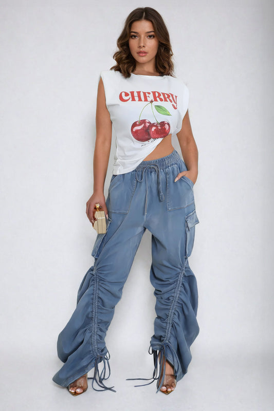 Drawstring Ruched Cargo Denim Trousers - Blue