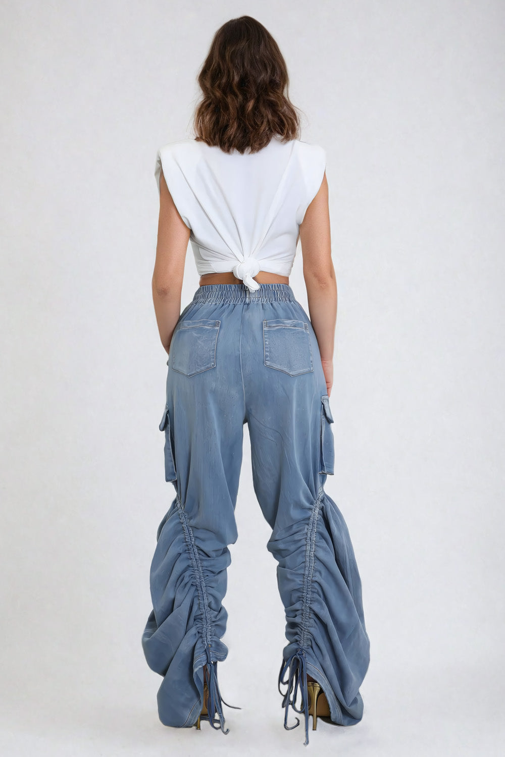 Drawstring Ruched Cargo Denim Trousers - Blue