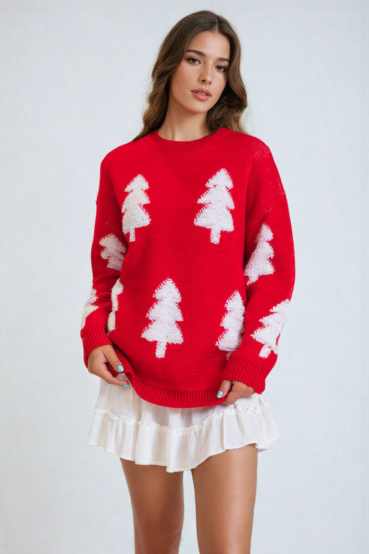 Oversized Knitted Sweater with Embroidered Detail - Red