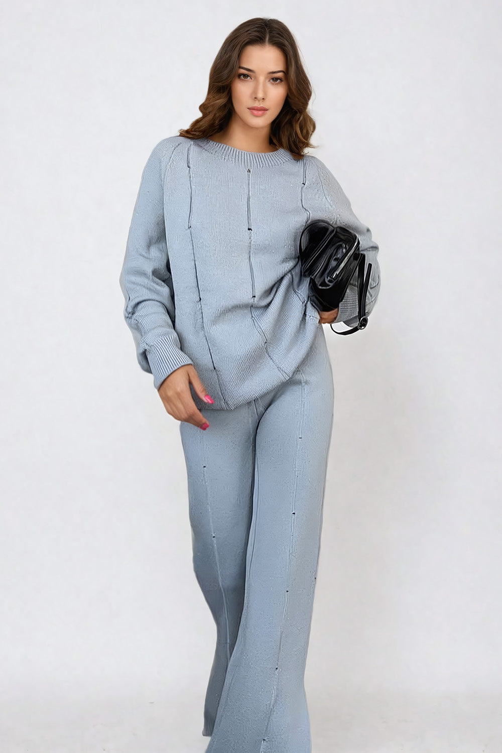 Two-Piece Knitted Set with Sweater and Wide-Leg Trousers - Gray