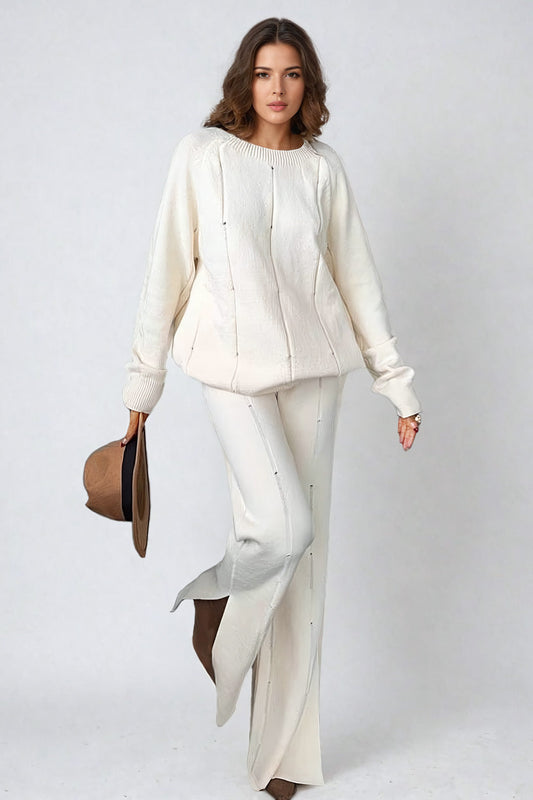 Two-Piece Knitted Set with Sweater and Wide-Leg Trousers - White