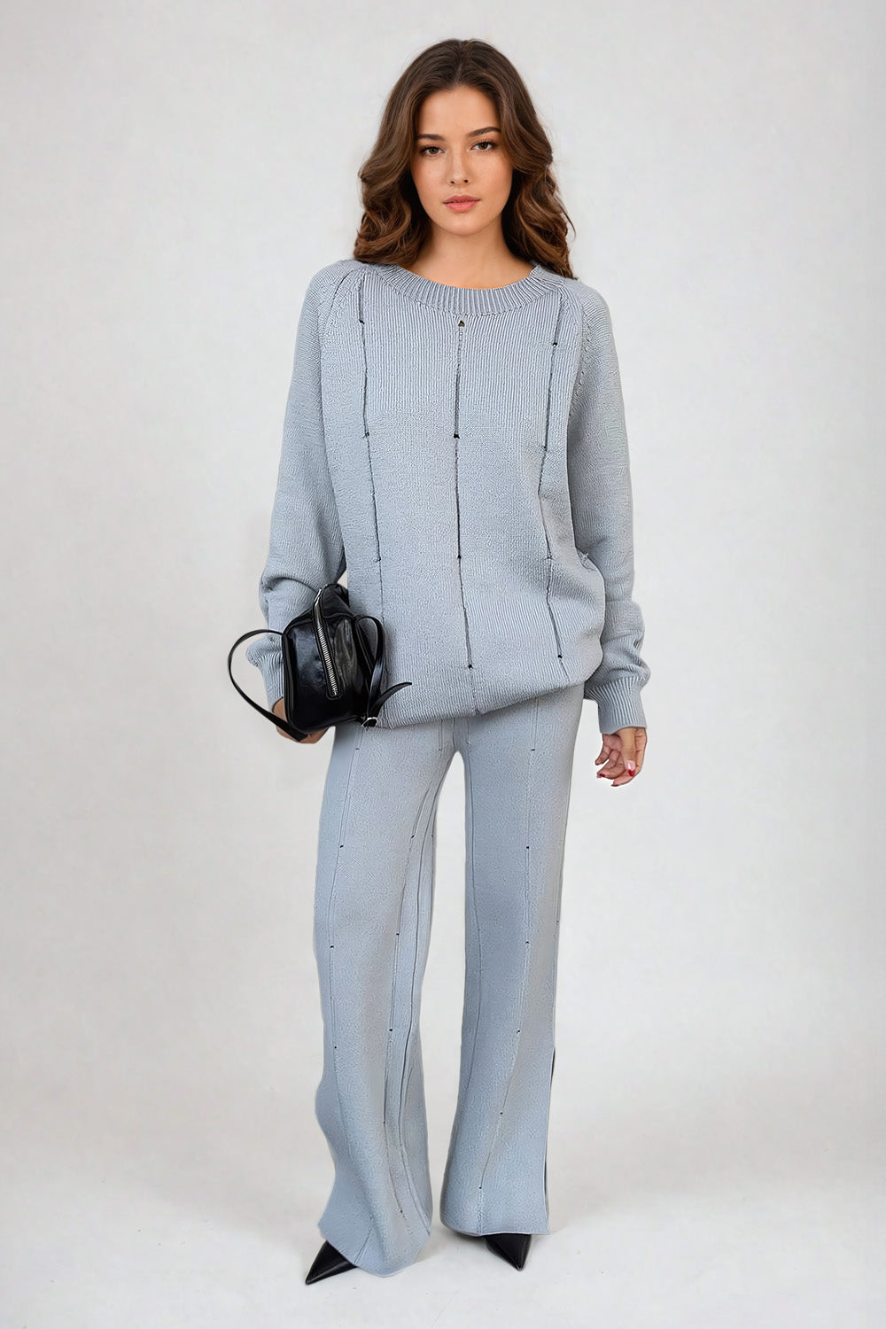 Two-Piece Knitted Set with Sweater and Wide-Leg Trousers - Gray