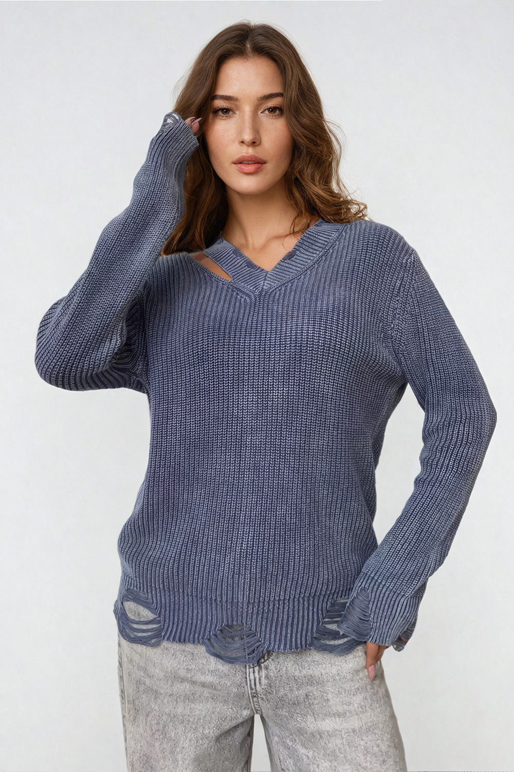 Knitted Sweater with V-Neck and Distressed Hem Detailing - Blue