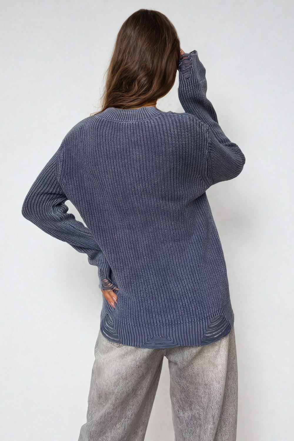 Knitted Sweater with V-Neck and Distressed Hem Detailing - Blue