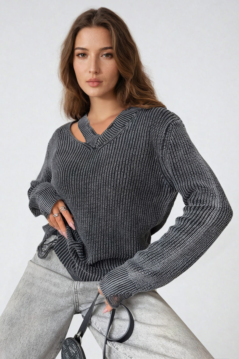 Knitted Sweater with V-Neck and Distressed Hem Detailing - Dark Gray