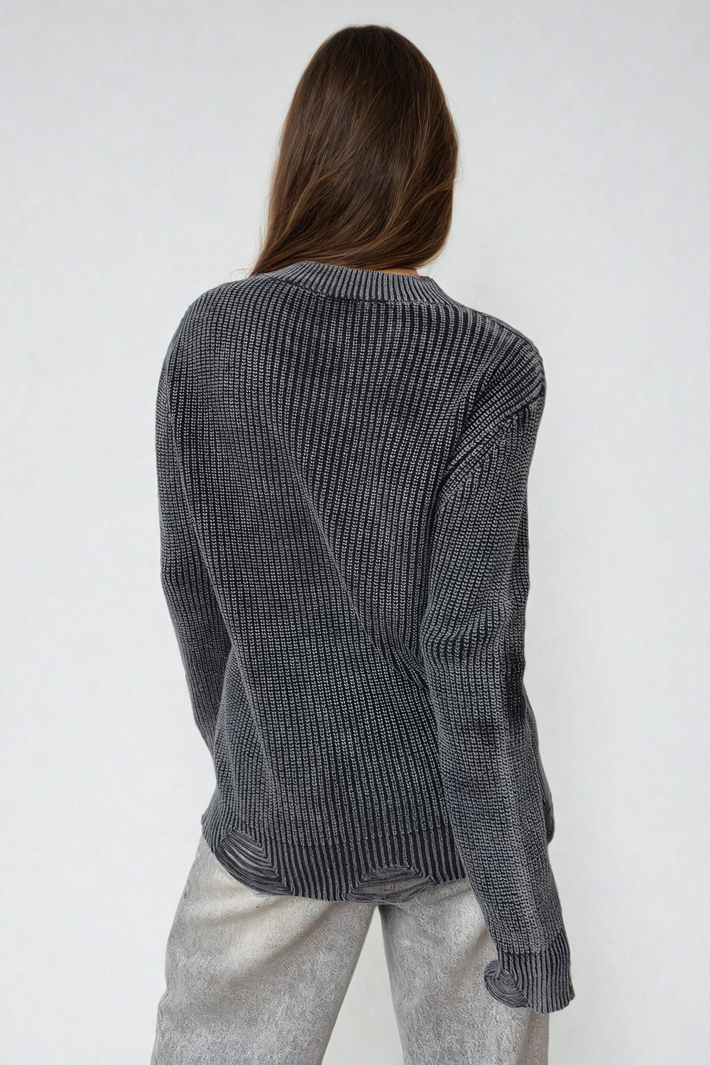 Knitted Sweater with V-Neck and Distressed Hem Detailing - Dark Gray