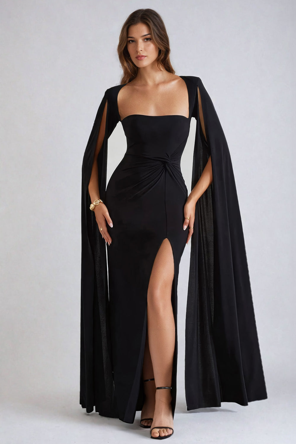 Long Cape-Sleeve Maxi Dress with Front Slit - Black