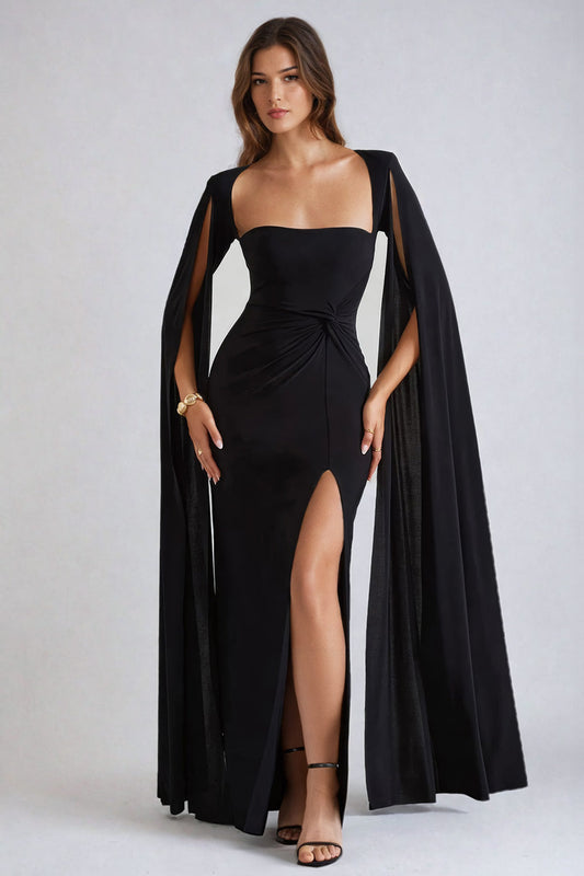 Long Cape-Sleeve Maxi Dress with Front Slit - Black