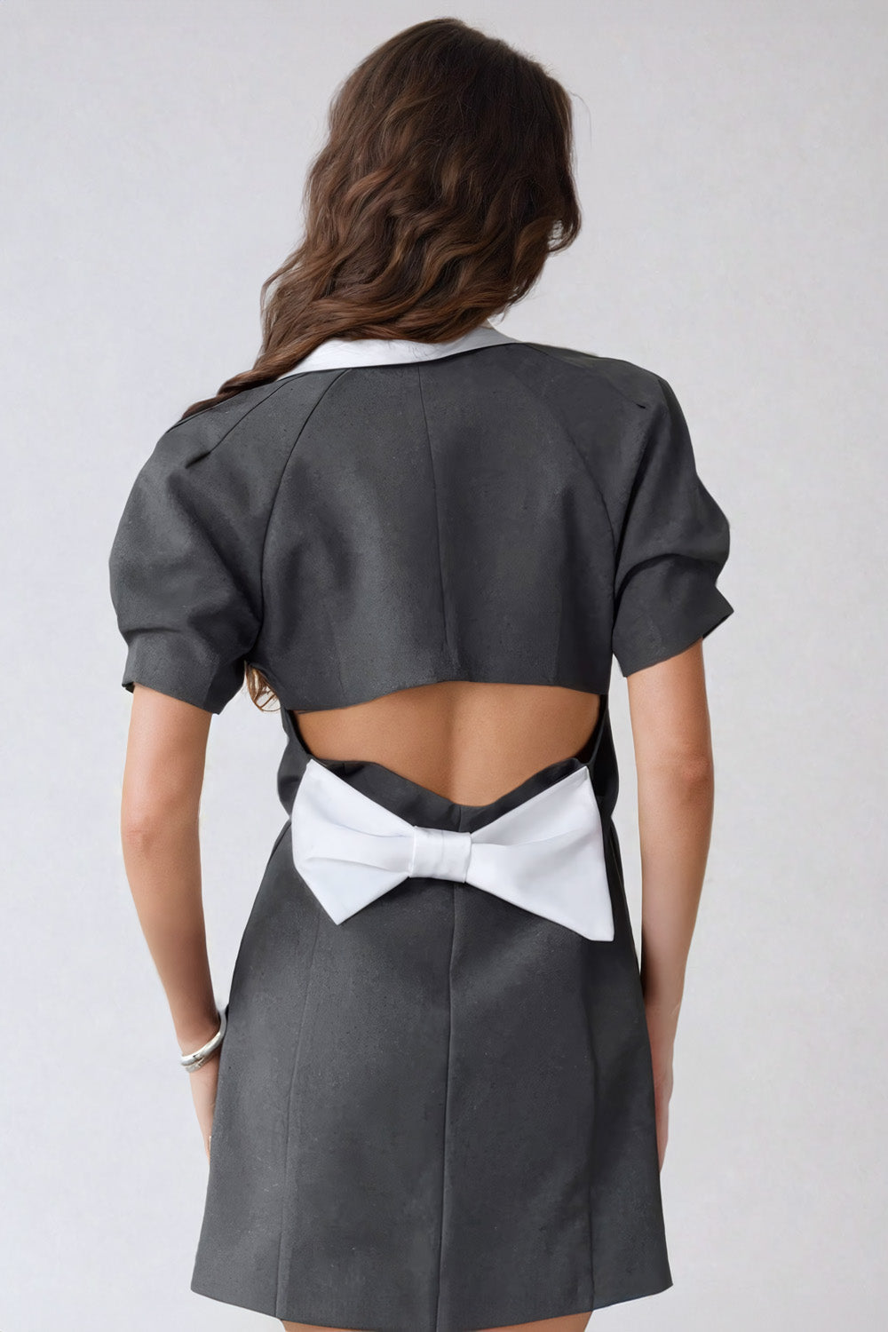 Mini Dress with Wide Lapel and Open-Back Bow Detail  - Gray