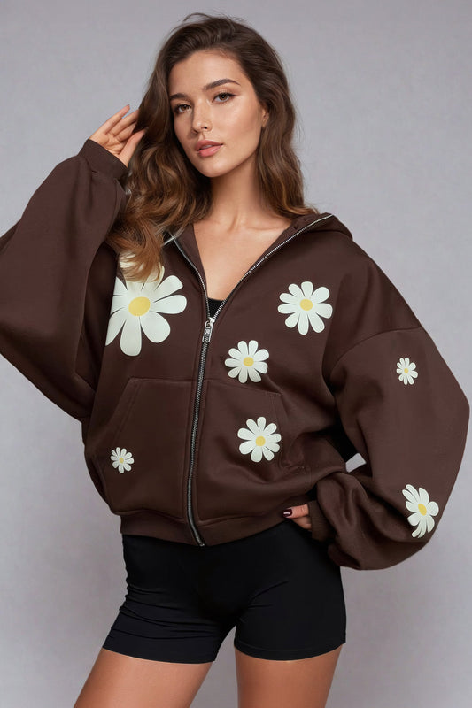 Zip-Up Hoodie with Oversized Floral Print - Brown