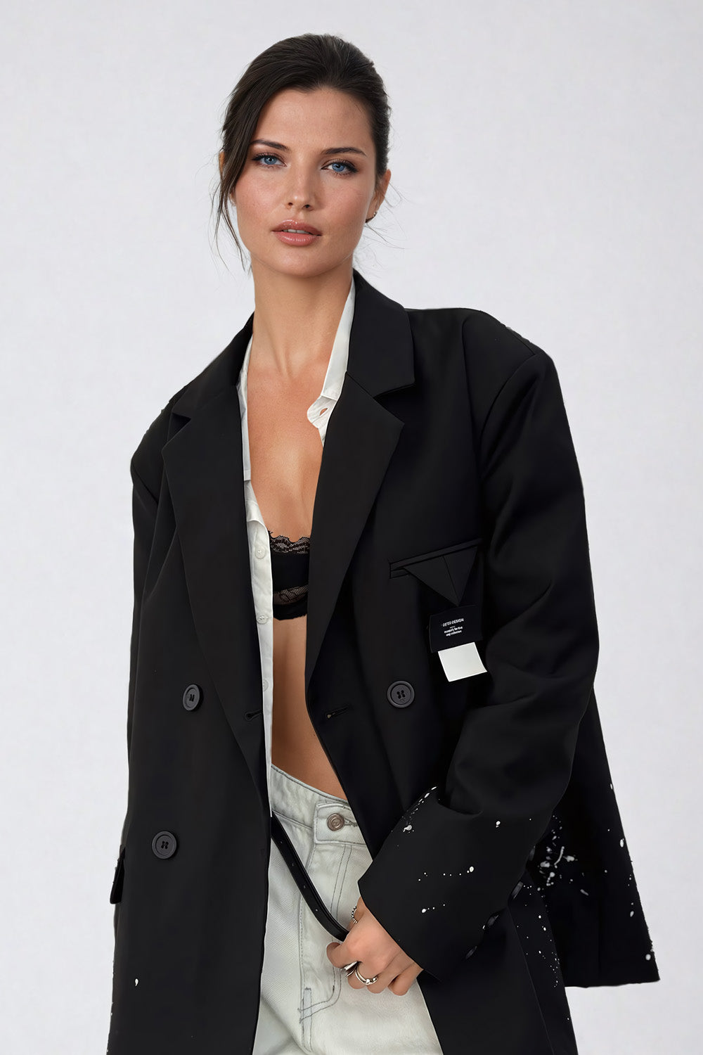 Oversized Blazer with Paint Splatter Detail - Black