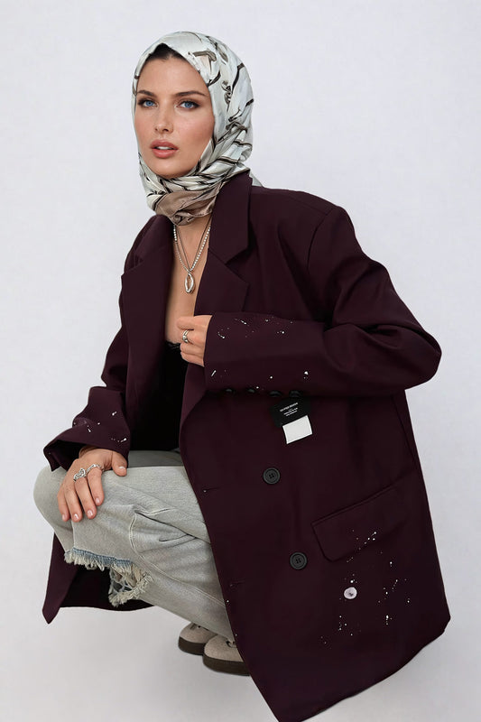 Oversized Blazer with Paint Splatter Detail - Maroon