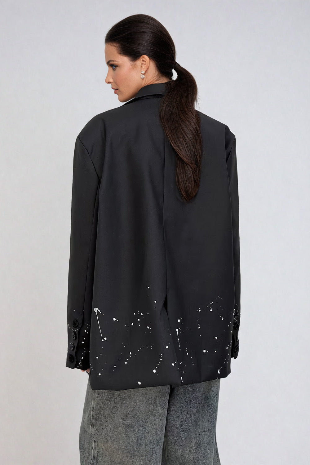 Oversized Blazer with Paint Splatter Detail - Dark Gray