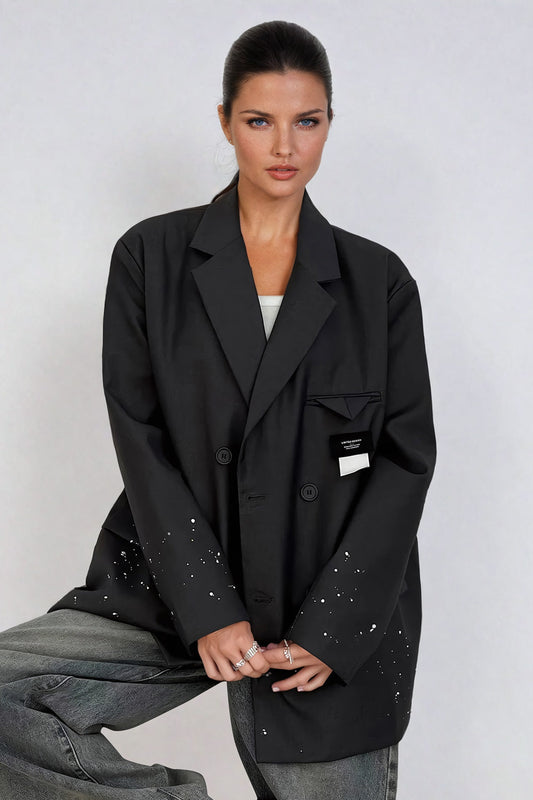 Oversized Blazer with Paint Splatter Detail - Dark Gray