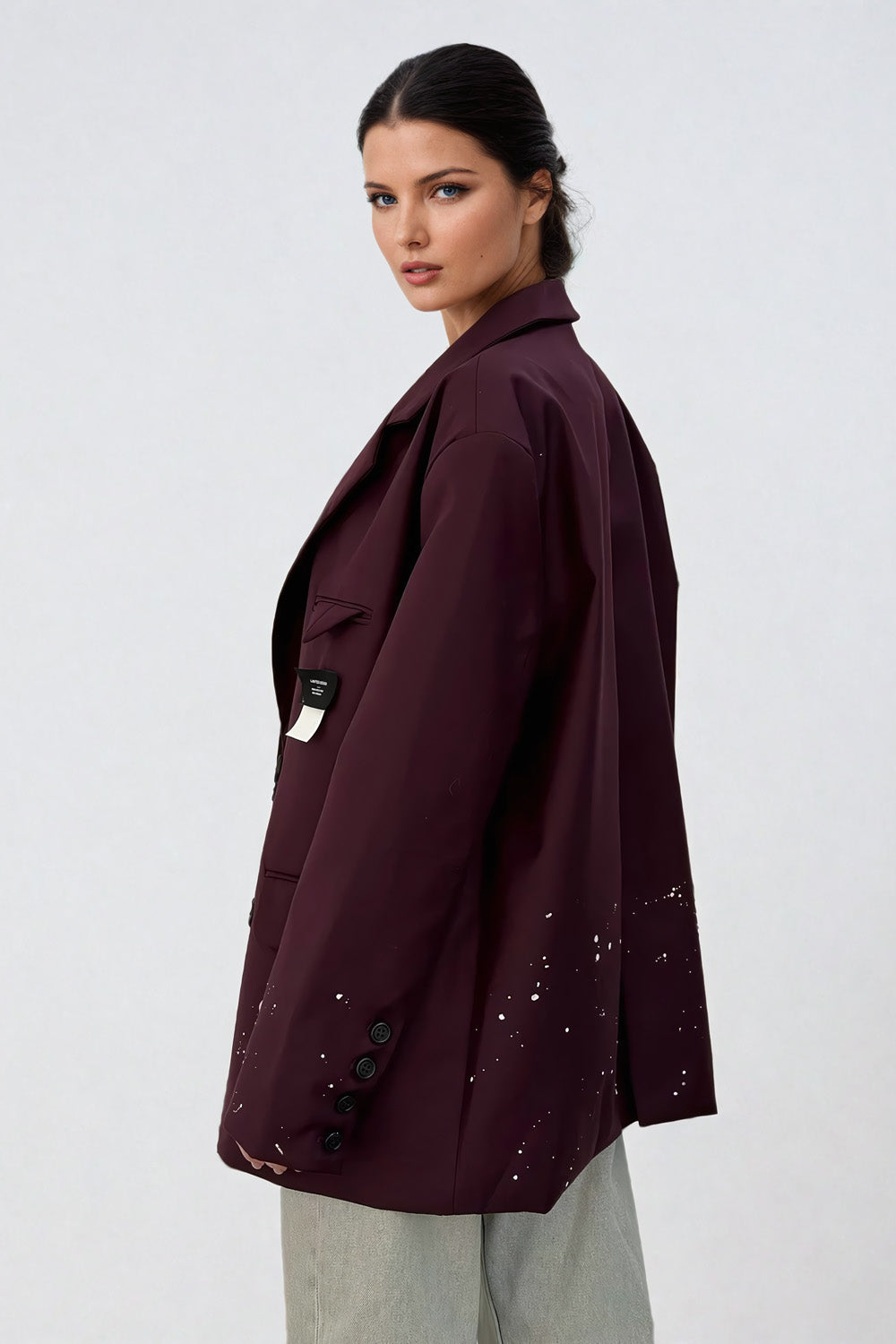 Oversized Blazer with Paint Splatter Detail - Maroon