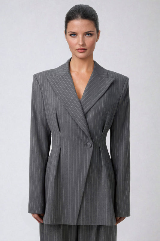 Single-Breasted Pinstripe Blazer with Wide Lapels - Gray