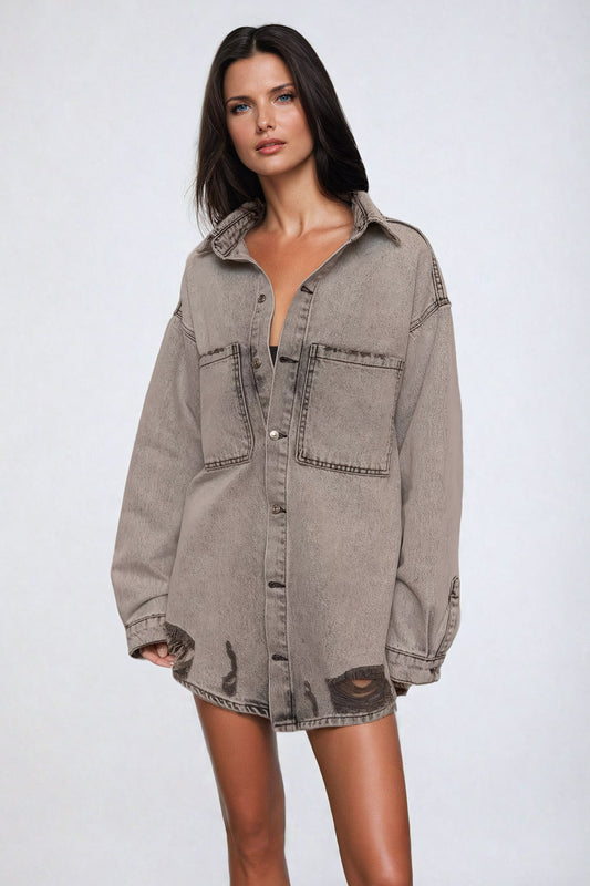 Distressed Oversized Denim Shirt - Gray