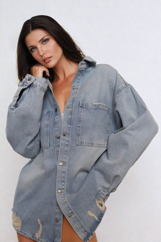 Distressed Oversized Denim Shirt - Blue