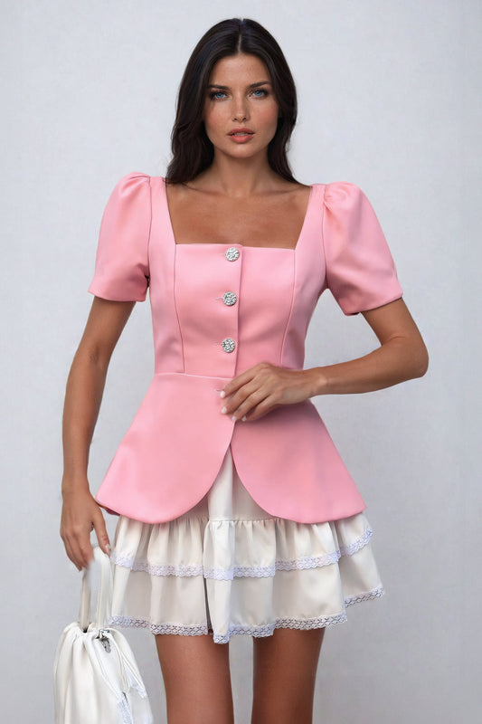 Puff Sleeve Blazer with Pleated Skirt Co-Ord Set - Pink