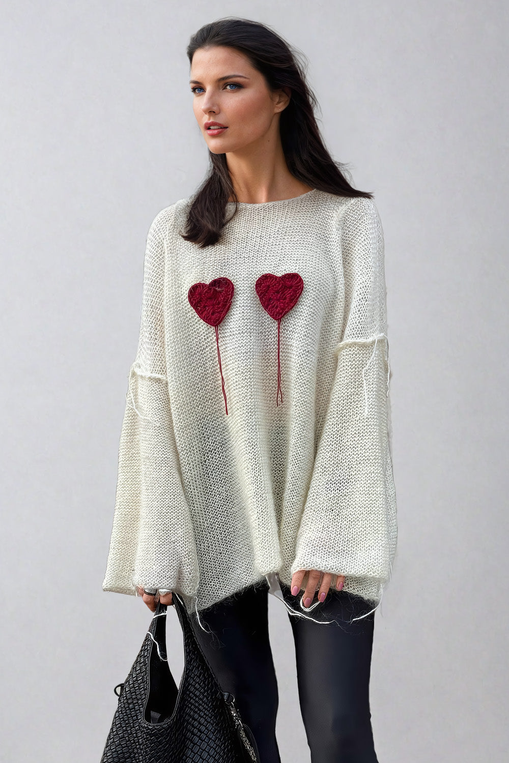 Oversized Knit Sweater with Heart Detail - Beige