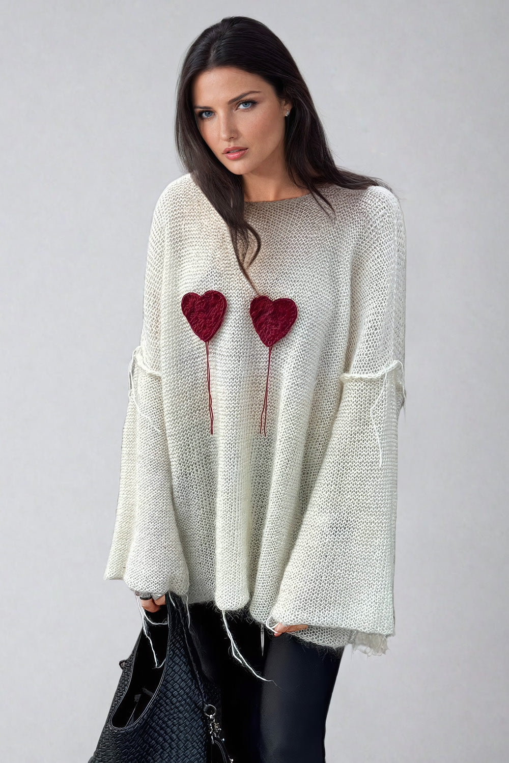 Oversized Knit Sweater with Heart Detail - Beige