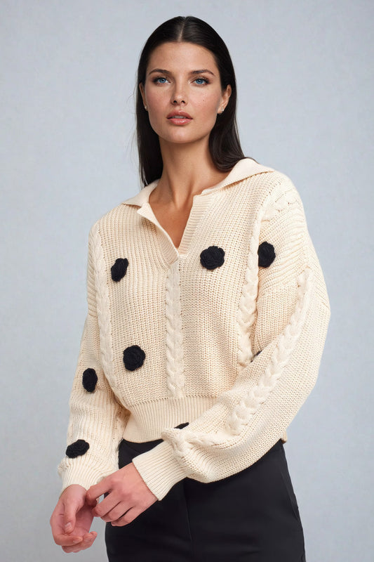 Knit Sweater with Polka Dot Accents and Ribbed Collar - Beige