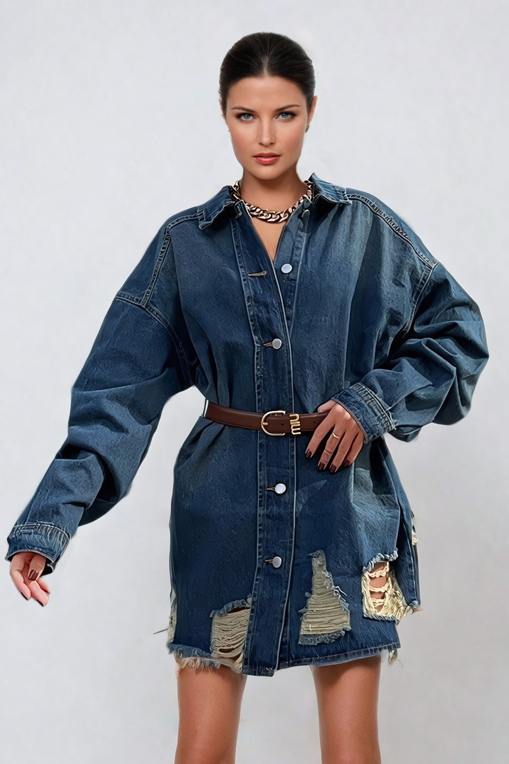 Distressed Denim Shirt-Style Mini Dress - Blue