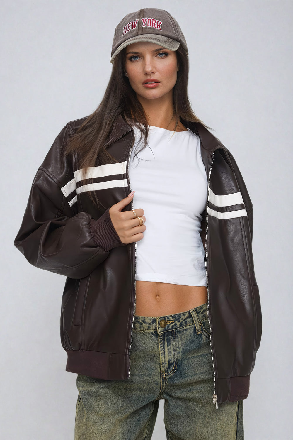 Leather Jacket with Striped Panel Accents - Brown
