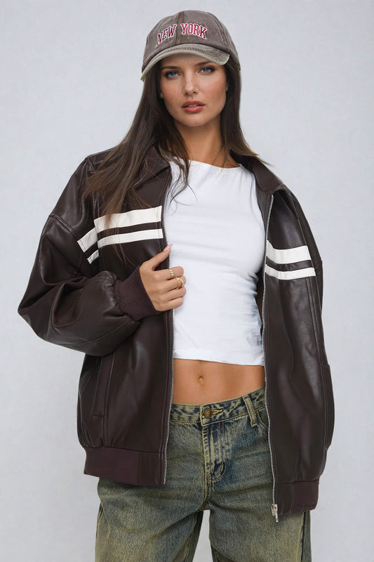 Leather Jacket with Striped Panel Accents - Brown