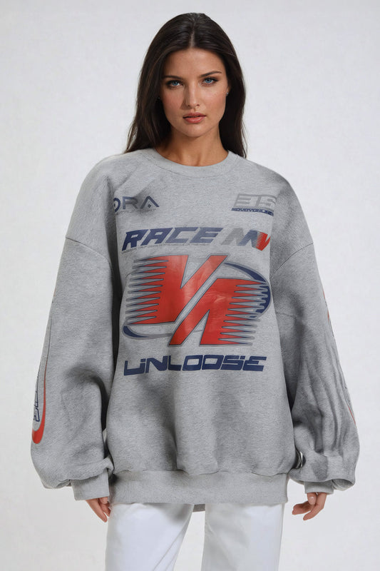 Oversized Graphic Print Sweatshirt with Crew Neck - Gray