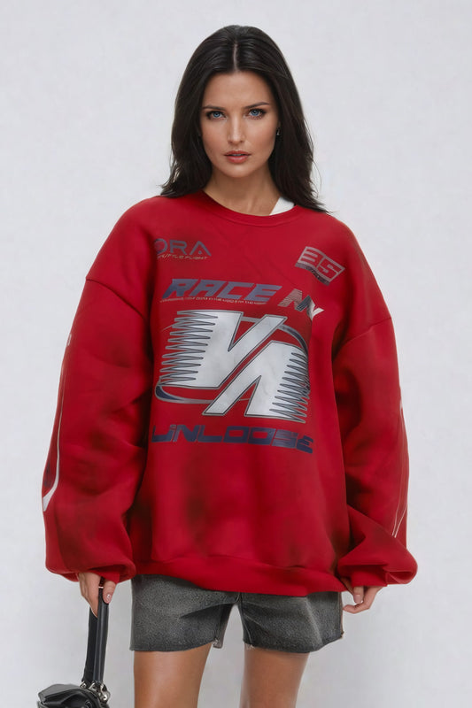 Oversized Graphic Print Sweatshirt with Crew Neck - Red