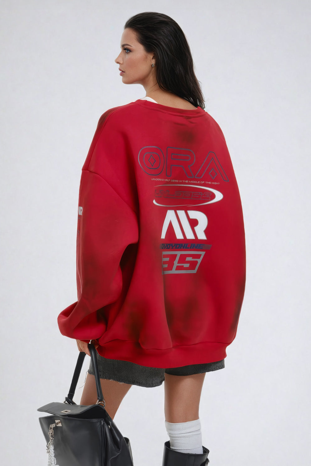 Oversized Graphic Print Sweatshirt with Crew Neck - Red