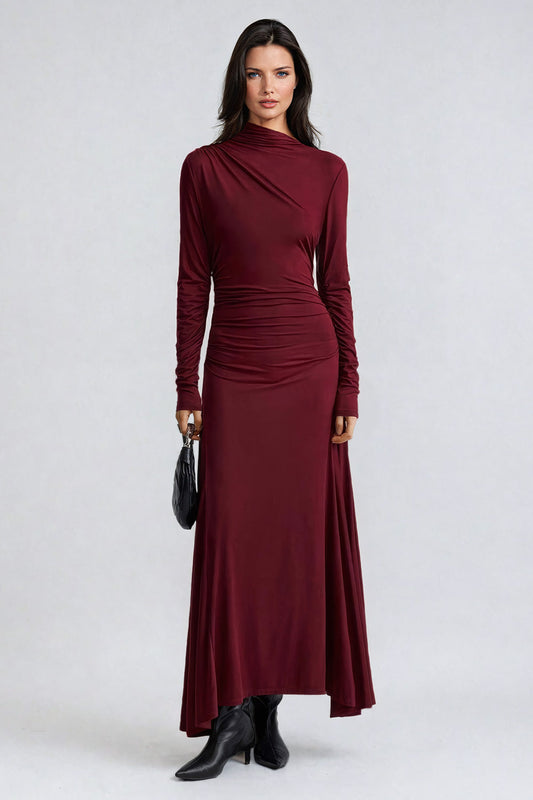 High-Neck Long Sleeve Ruched Maxi Dress - Red