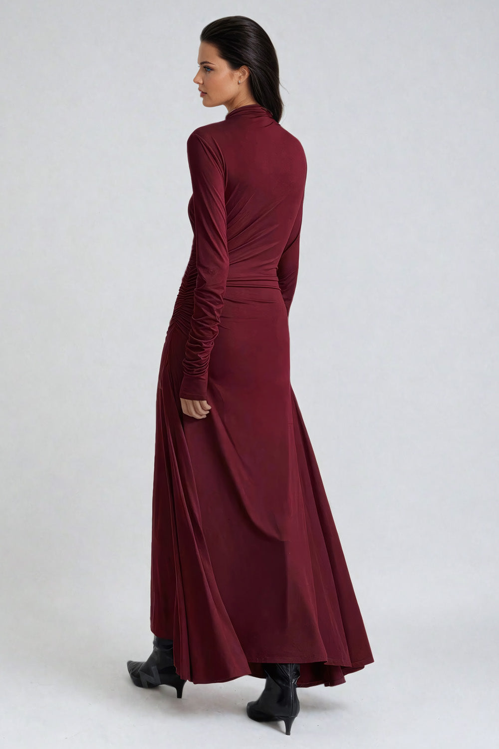 High-Neck Long Sleeve Ruched Maxi Dress - Red