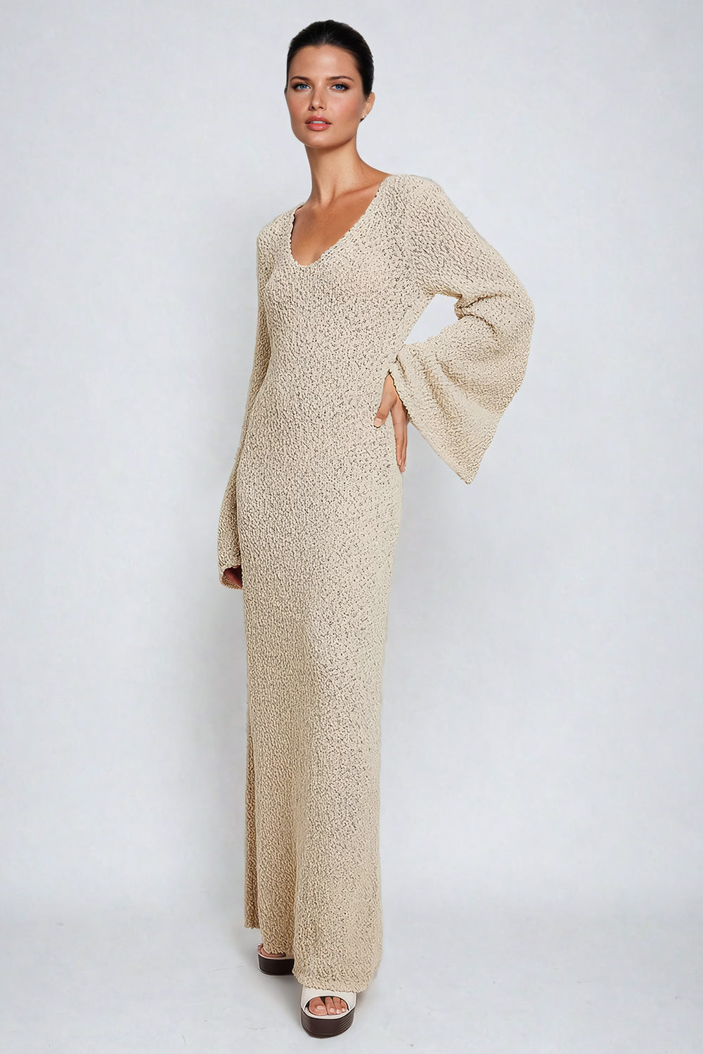 Long Bell-Sleeve Textured Maxi Dress with V-Neckline - Beige