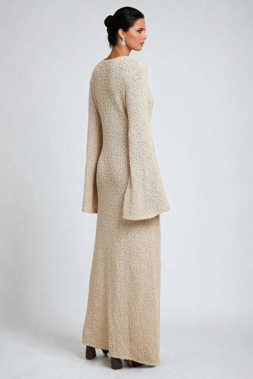 Long Bell-Sleeve Textured Maxi Dress with V-Neckline - Beige