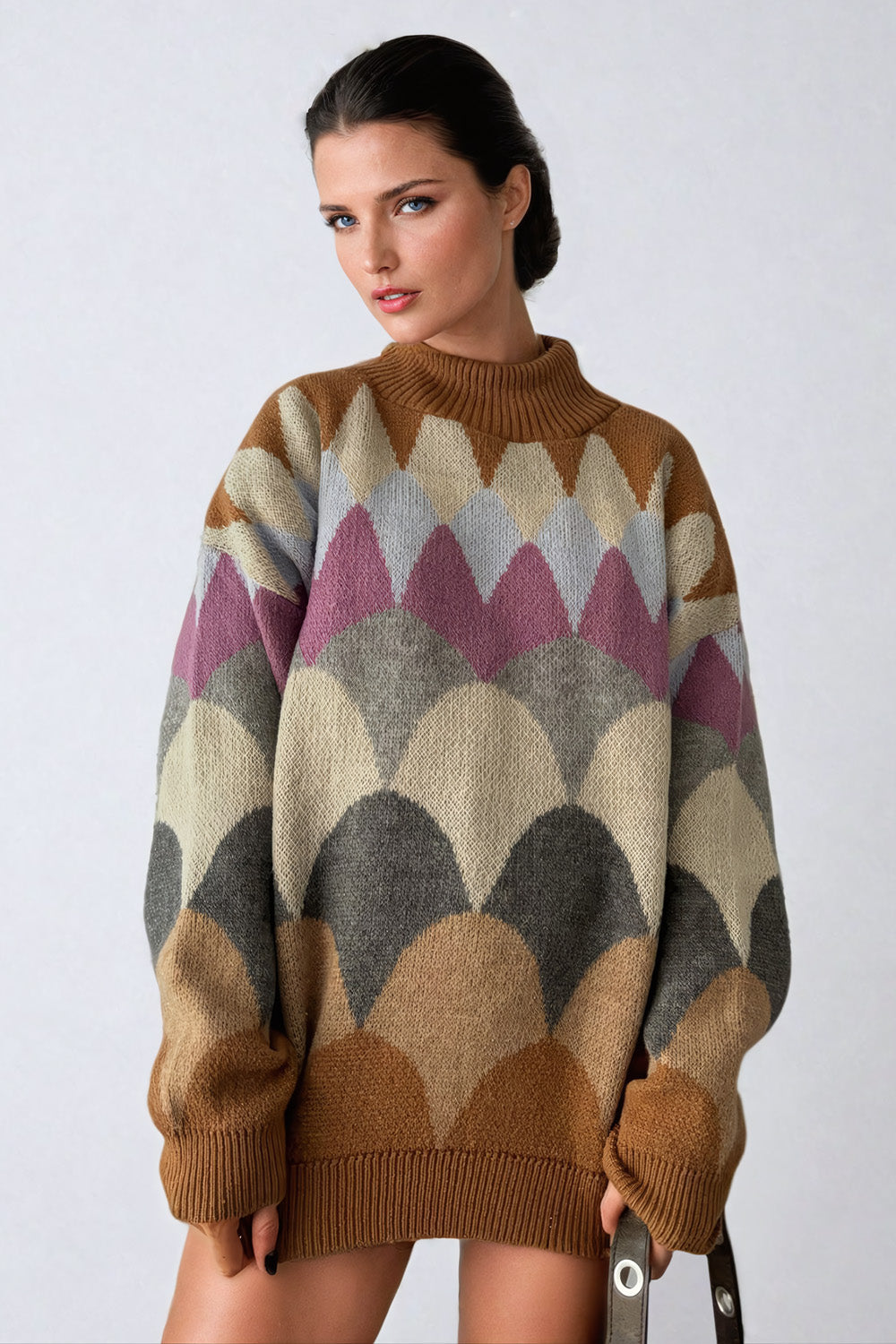 Oversized Knit Sweater with Geometric Pattern and Ribbed Collar -  Brown