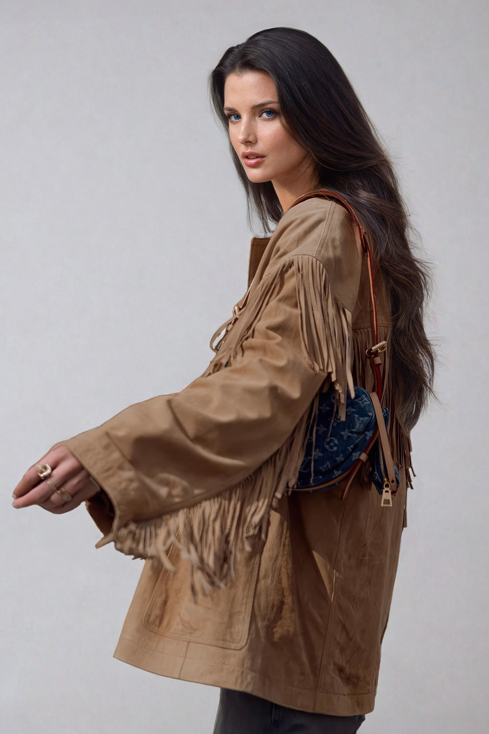 Fringe-Trimmed Oversized Jacket - Light Brown