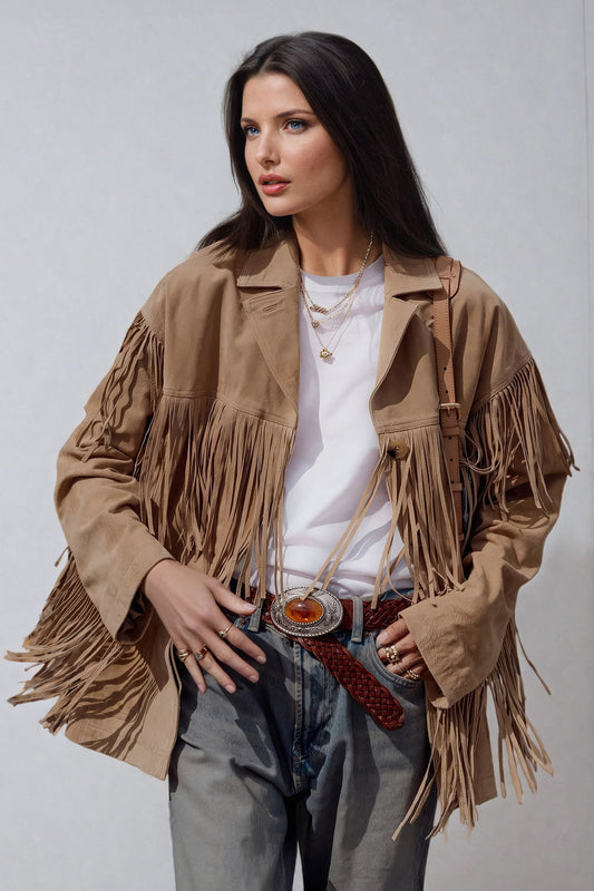 Fringe-Trimmed Oversized Jacket - Light Brown